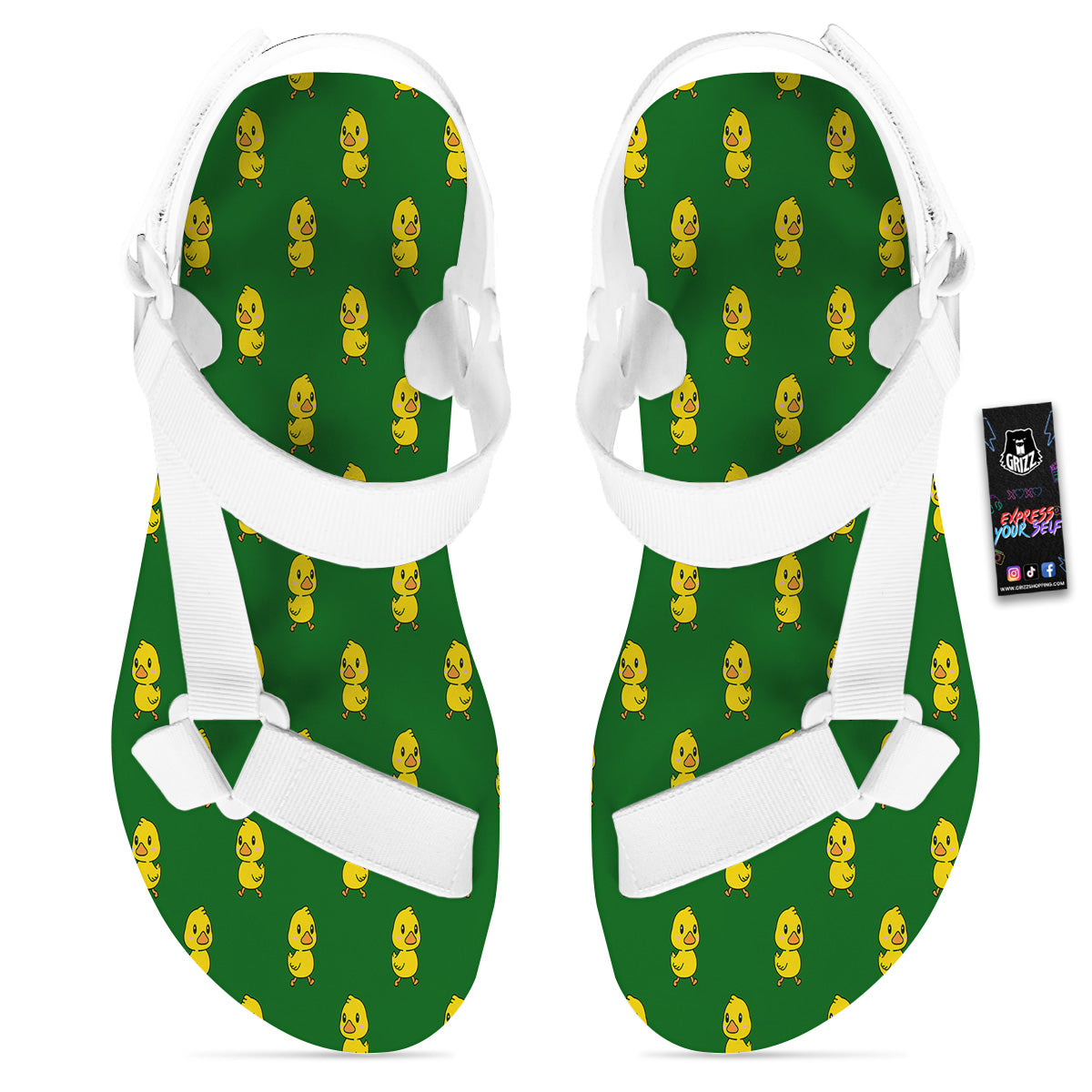 Green Rubber Duck Print Pattern White Open Toe Sandals-grizzshop