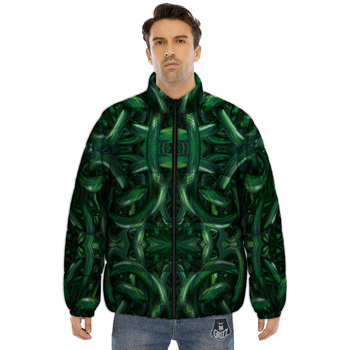 Green Snake 3D Print Pattern Puffer Jacket-grizzshop