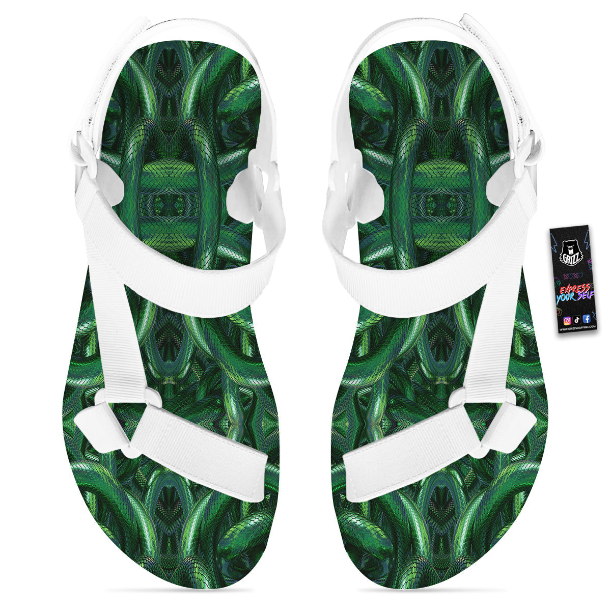Green Snake 3D Print Pattern White Open Toe Sandals-grizzshop