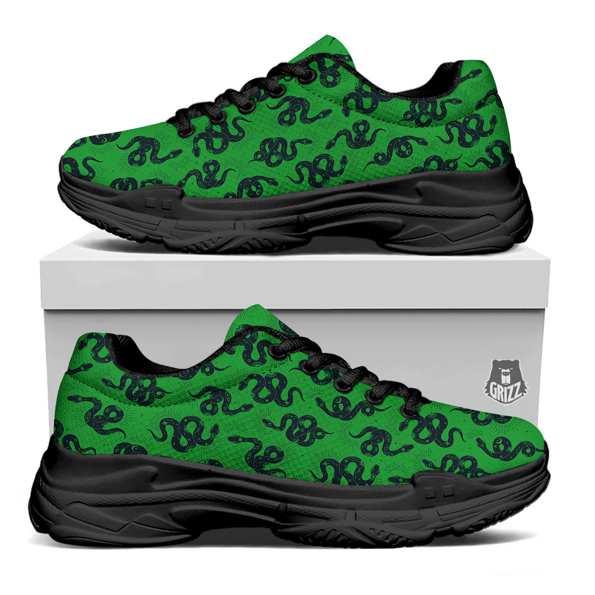 Green Snake Magic Eye Print Pattern Black Chunky Shoes-grizzshop