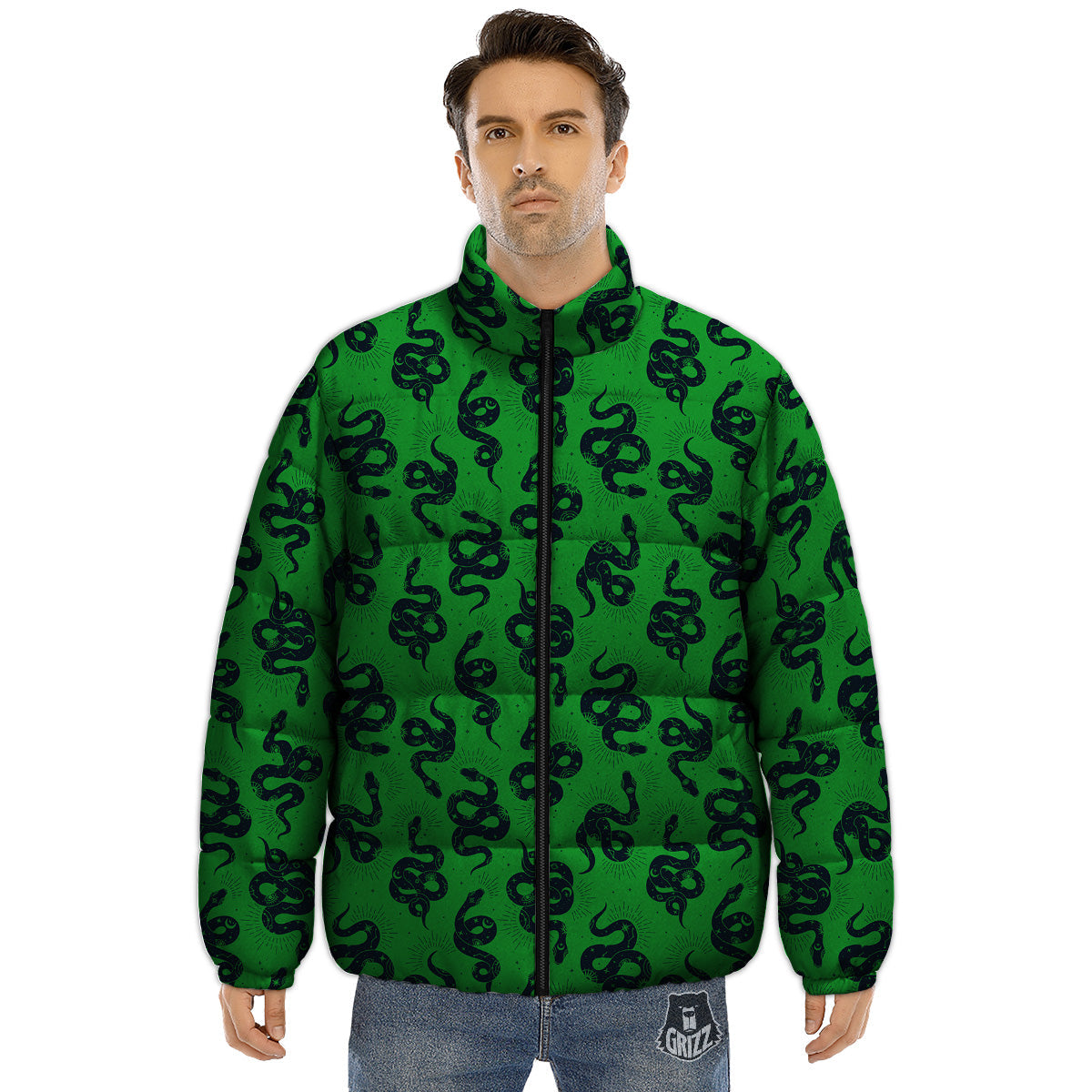 Green Snake Magic Eye Print Pattern Puffer Jacket-grizzshop