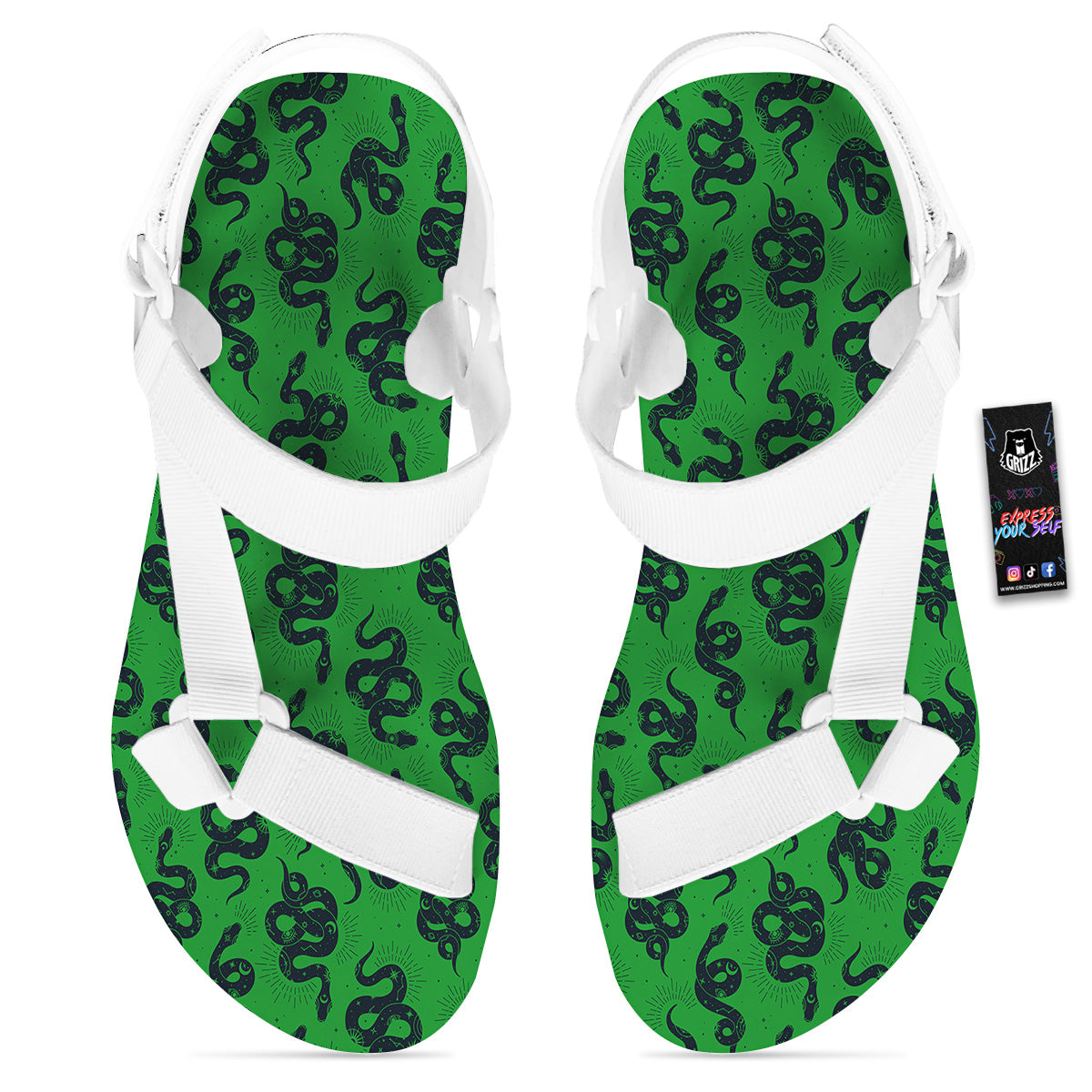 Green Snake Magic Eye Print Pattern White Open Toe Sandals-grizzshop