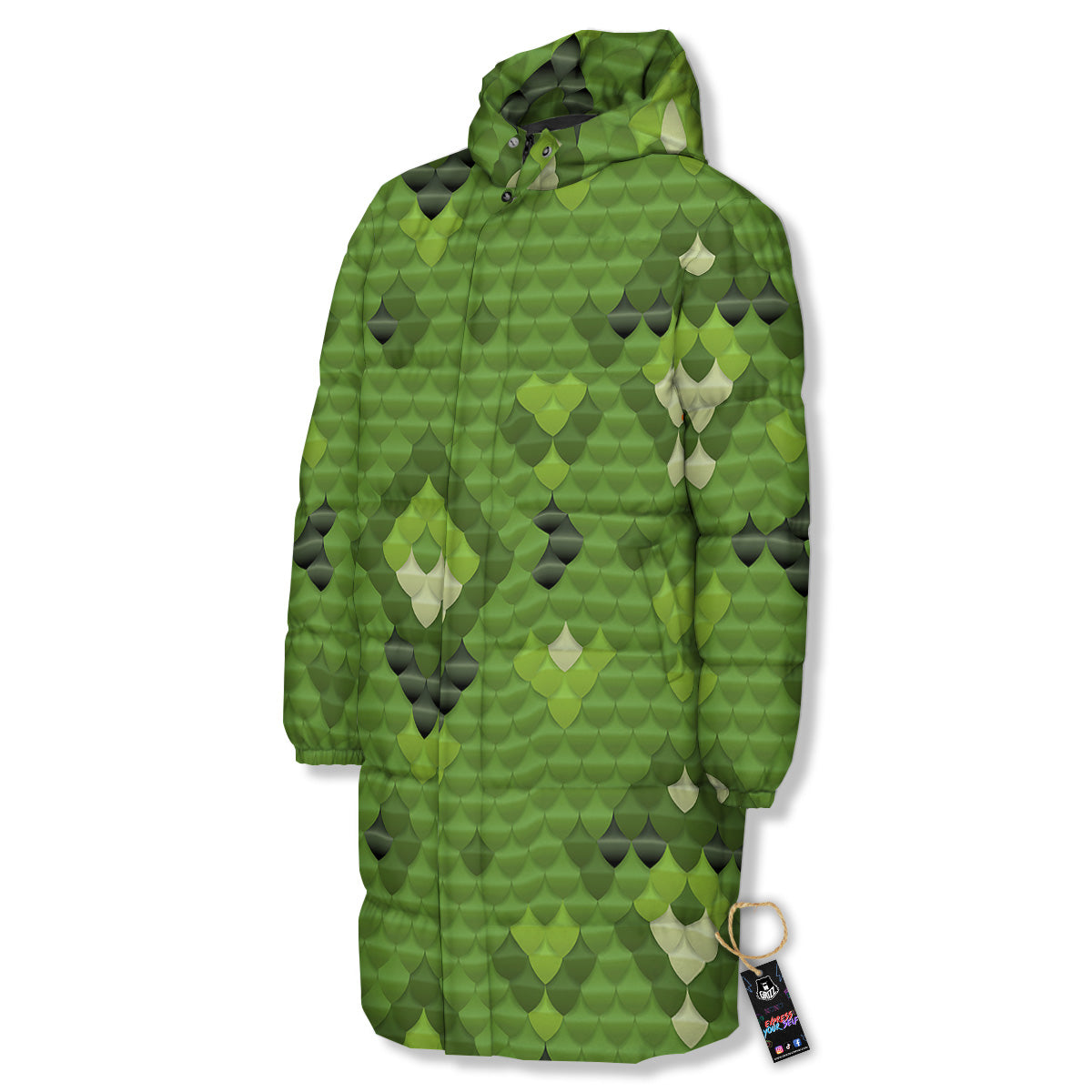 Green Snake Skin Cartoon Print Pattern Long Down Jacket-grizzshop