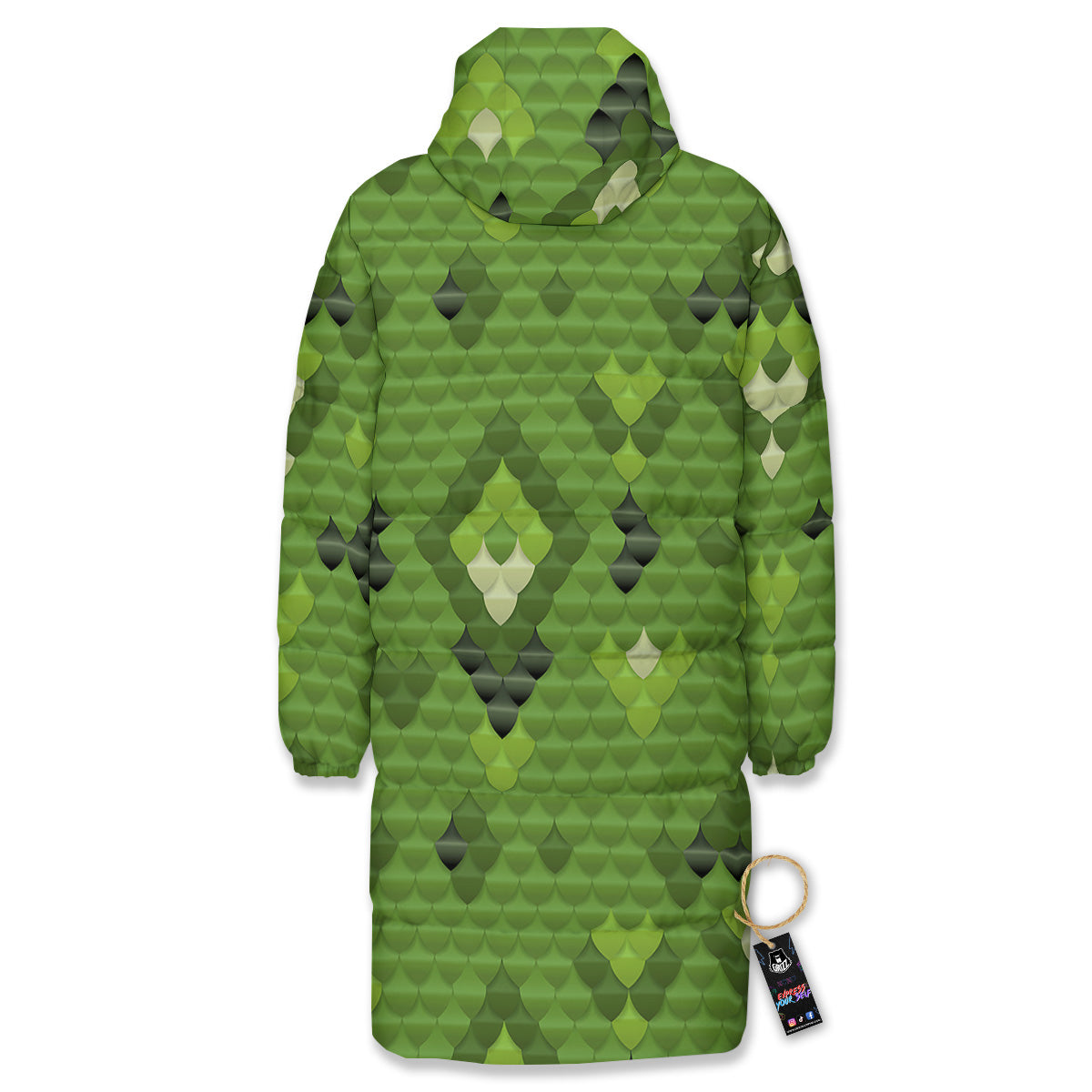 Green Snake Skin Cartoon Print Pattern Long Down Jacket-grizzshop