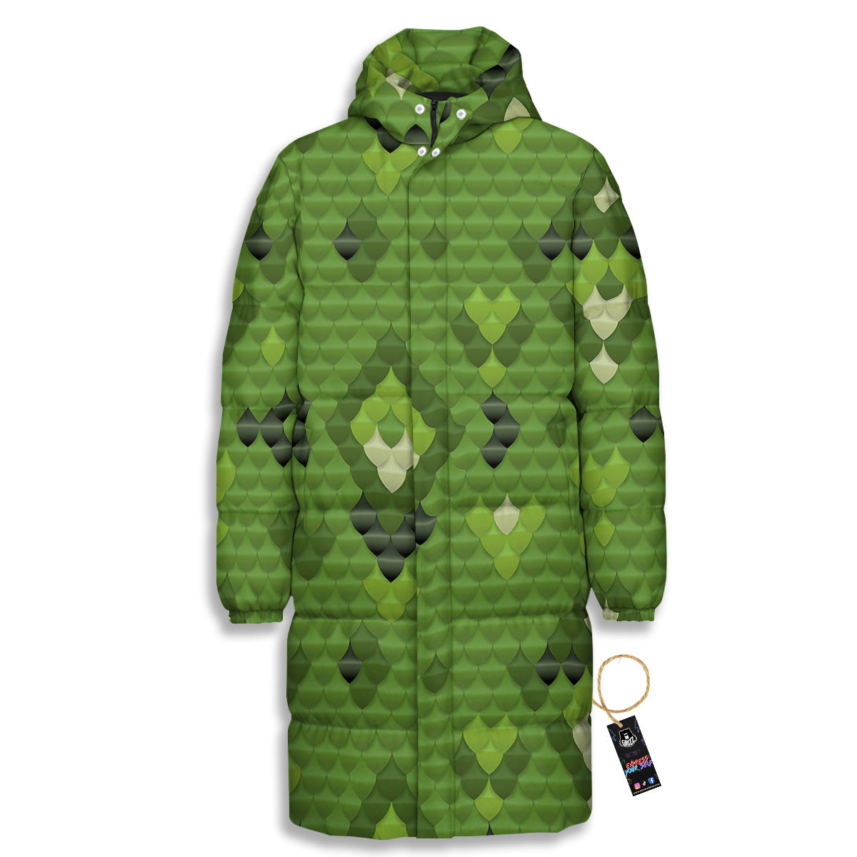 Green Snake Skin Cartoon Print Pattern Long Down Jacket-grizzshop