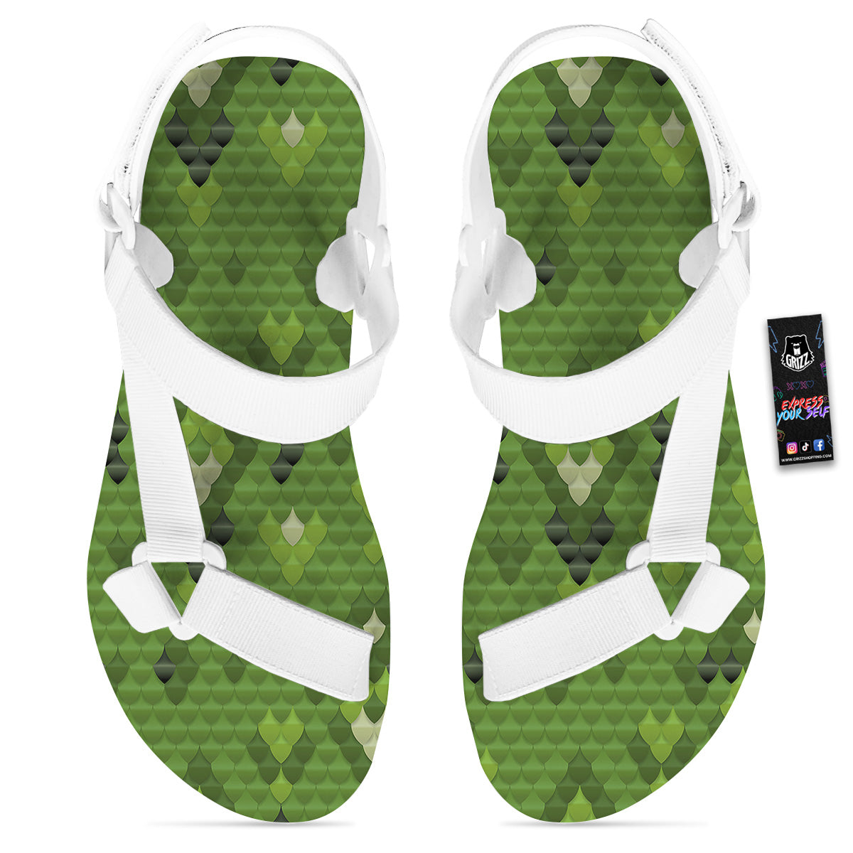Green Snake Skin Cartoon Print Pattern White Open Toe Sandals-grizzshop