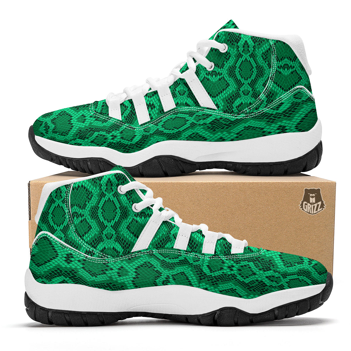 Green Snakeskin Python Skin Pattern Print White Bball Shoes-grizzshop