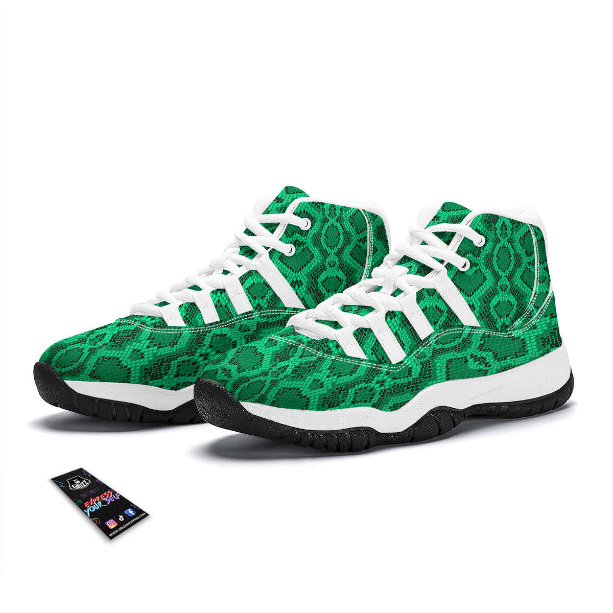 Green Snakeskin Python Skin Pattern Print White Bball Shoes-grizzshop