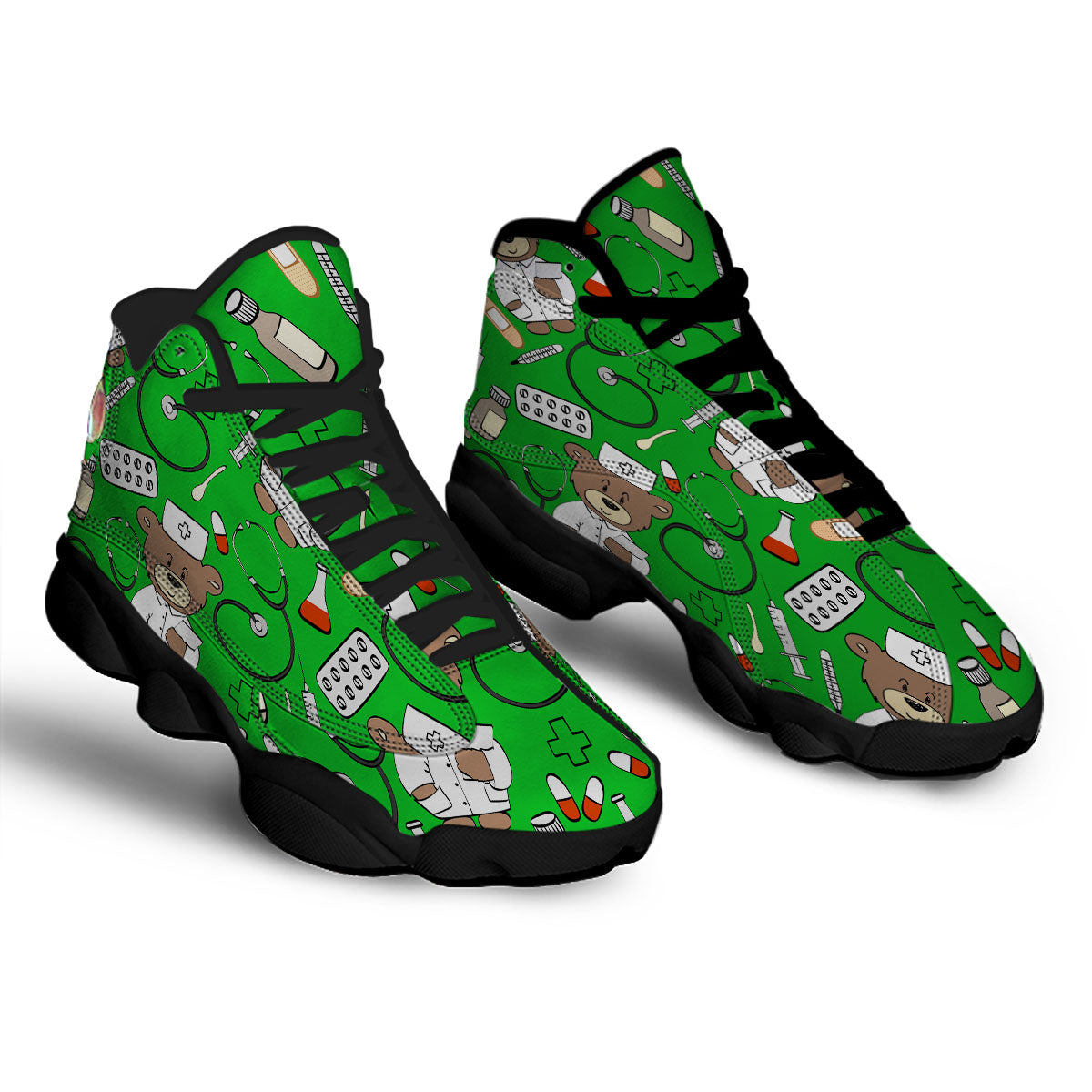 Green Teddy Bear Nurse Black Basketball Shoes-grizzshop