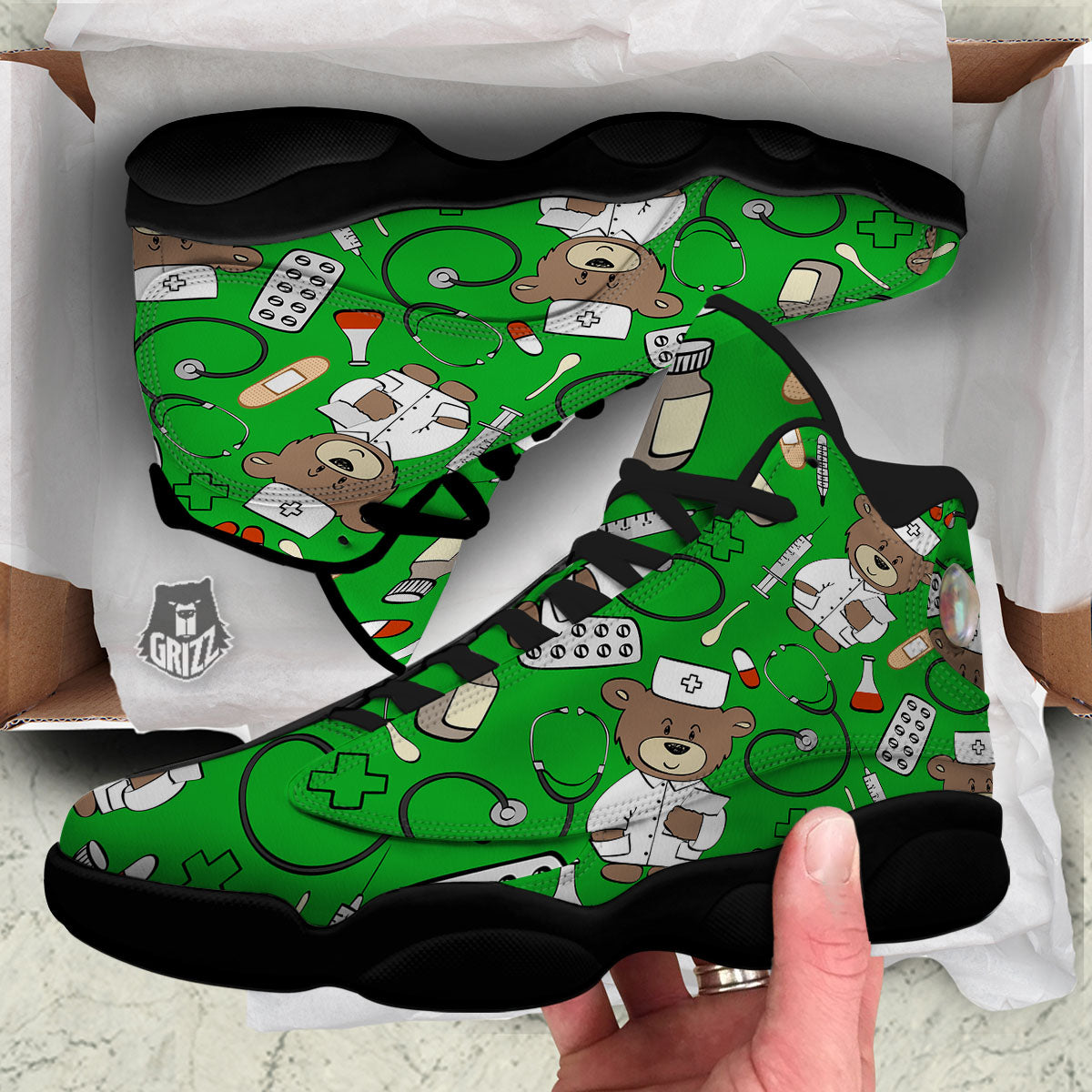 Green Teddy Bear Nurse Black Basketball Shoes-grizzshop