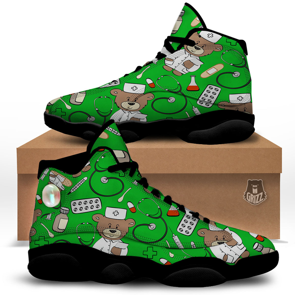 Green Teddy Bear Nurse Black Basketball Shoes-grizzshop