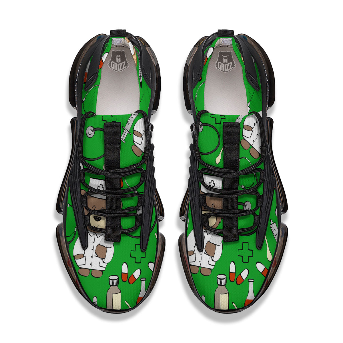 Green Teddy Bear Nurse Black Gym Shoes-grizzshop