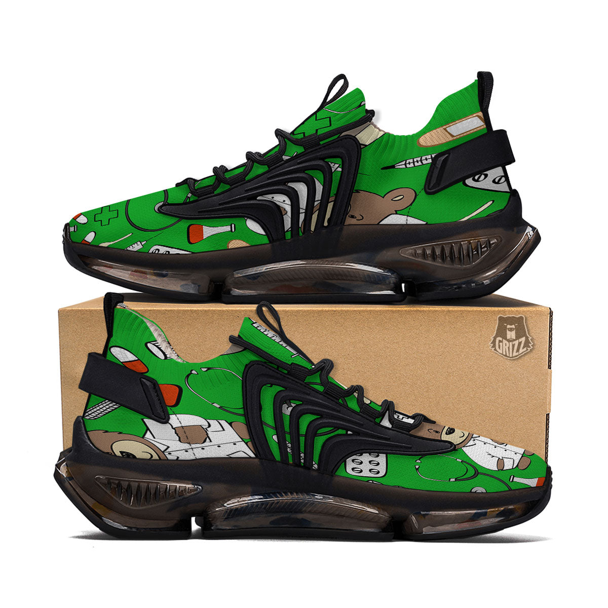 Green Teddy Bear Nurse Black Gym Shoes-grizzshop