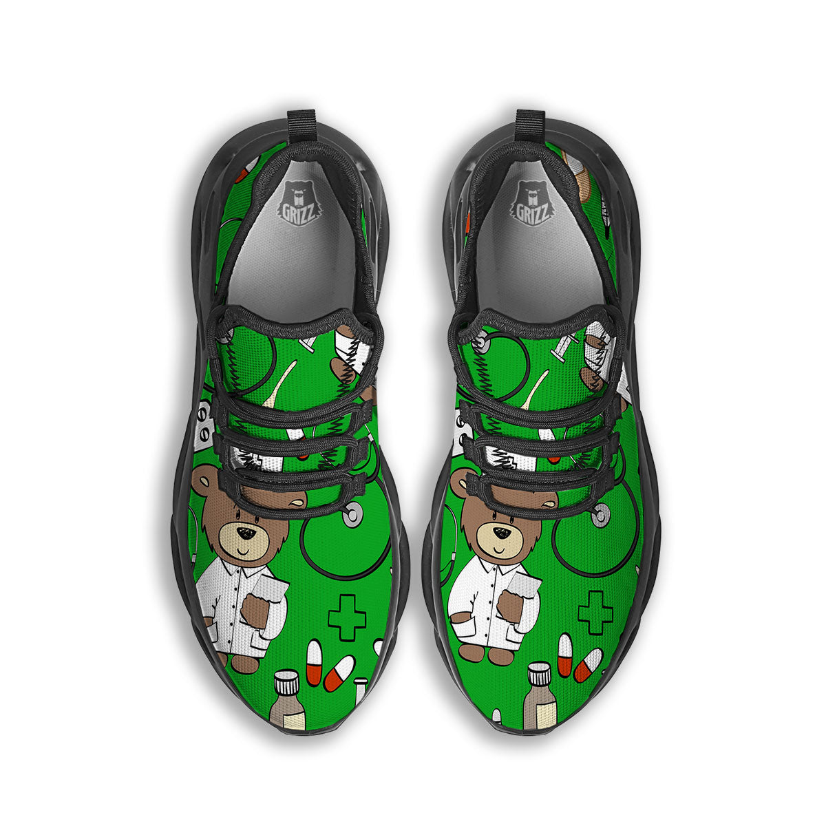 Green Teddy Bear Nurse Black Running Shoes-grizzshop