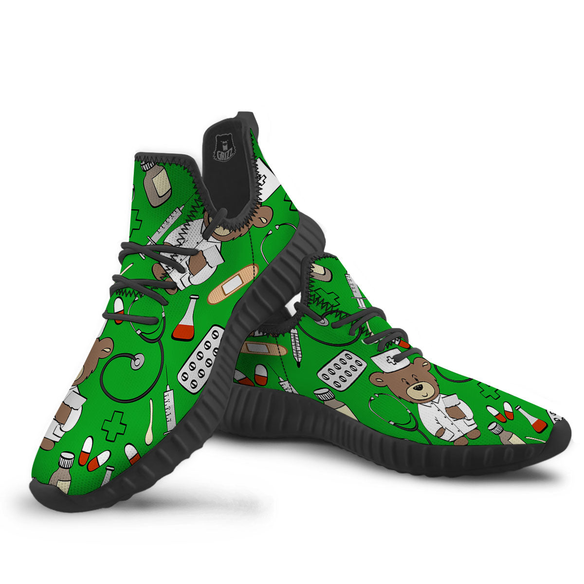 Green Teddy Bear Nurse Black Walking Shoes-grizzshop