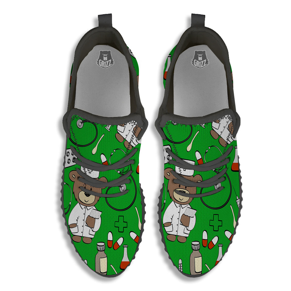 Green Teddy Bear Nurse Black Walking Shoes-grizzshop
