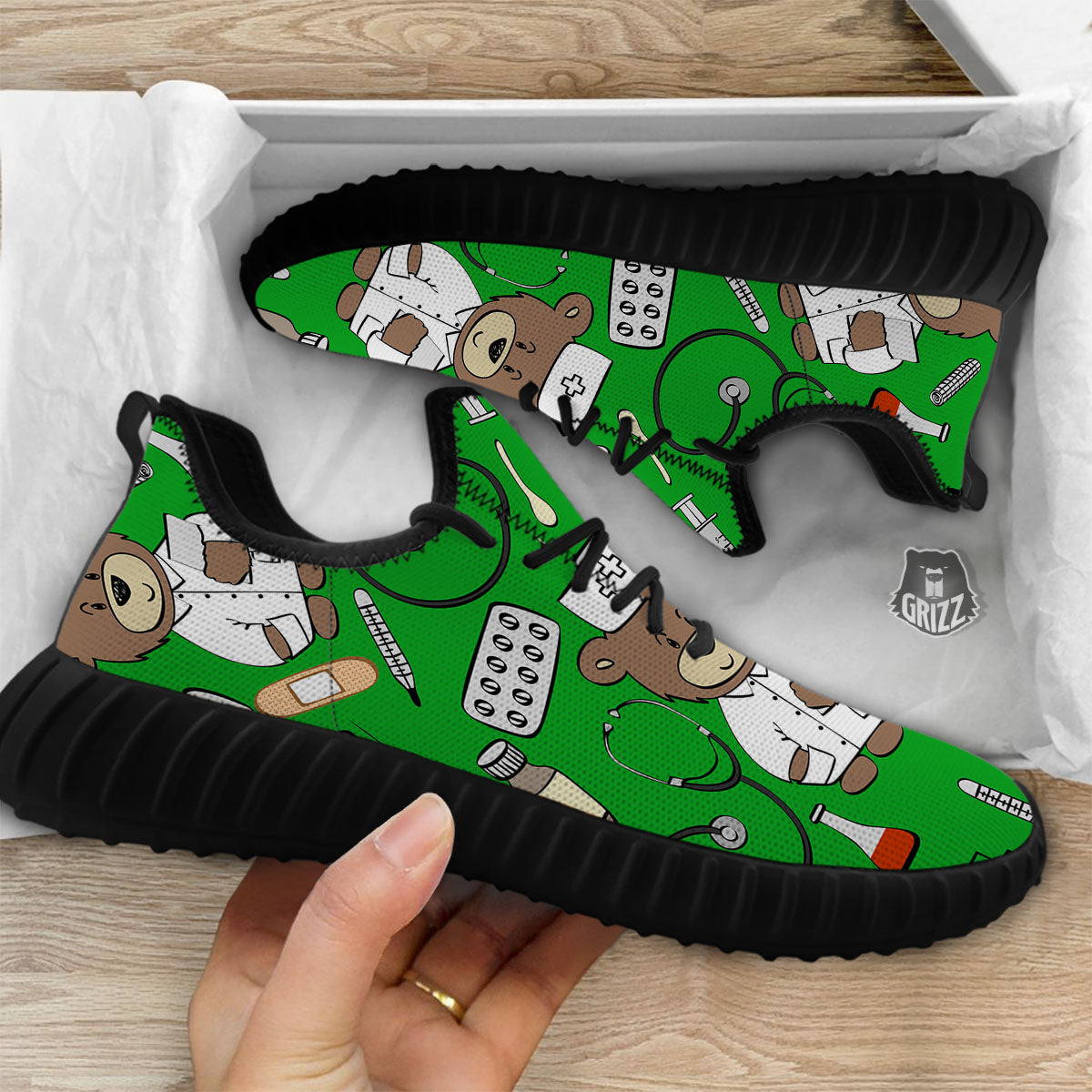 Green Teddy Bear Nurse Black Walking Shoes-grizzshop