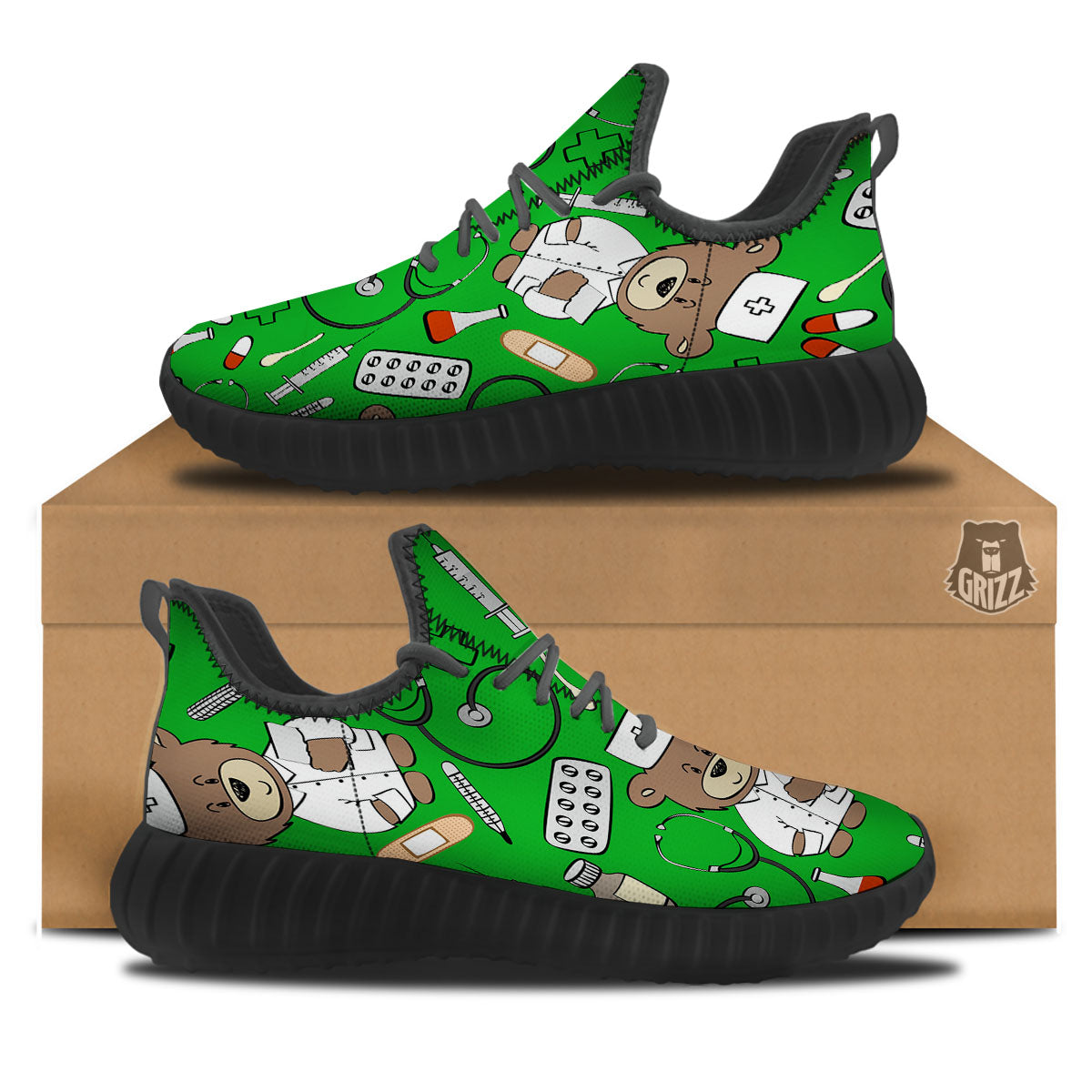Green Teddy Bear Nurse Black Walking Shoes-grizzshop