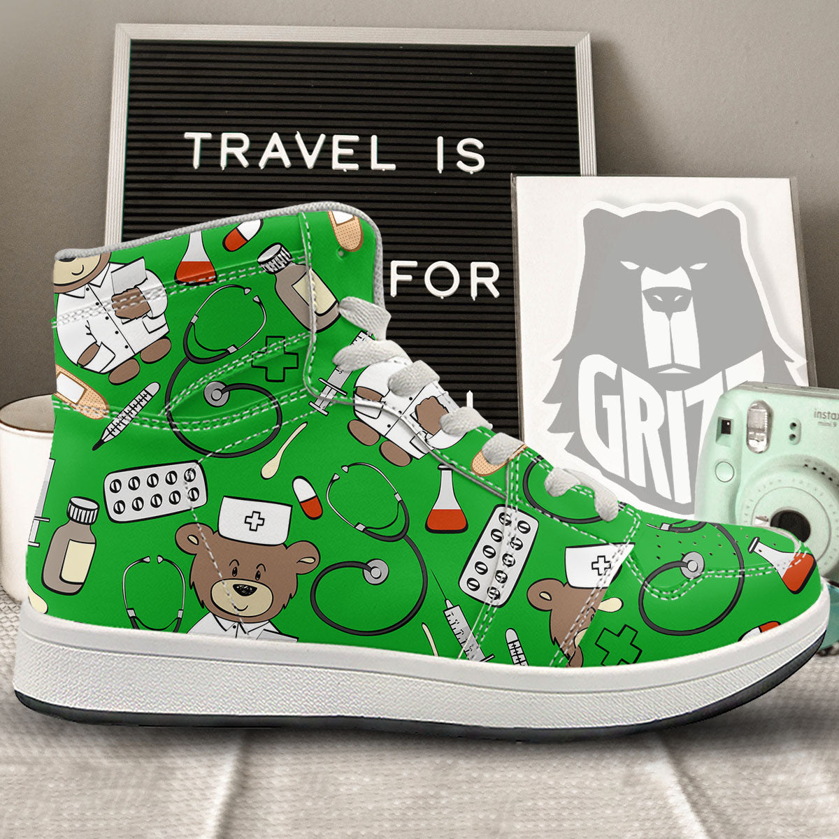 Green Teddy Bear Nurse High Top Sneakers-grizzshop