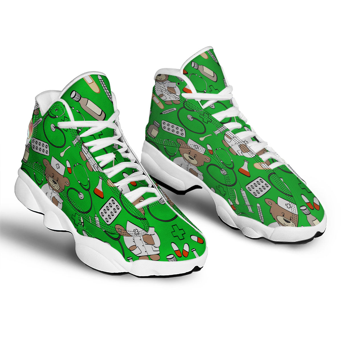 Green Teddy Bear Nurse White Basketball Shoes-grizzshop