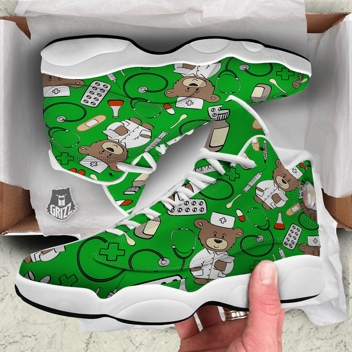 Green Teddy Bear Nurse White Basketball Shoes-grizzshop
