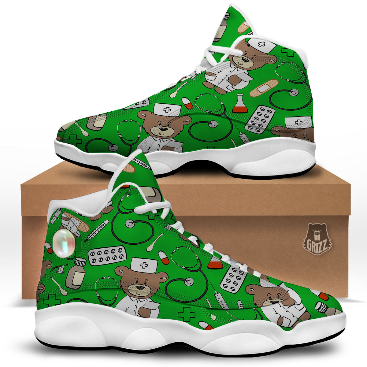 Green Teddy Bear Nurse White Basketball Shoes-grizzshop