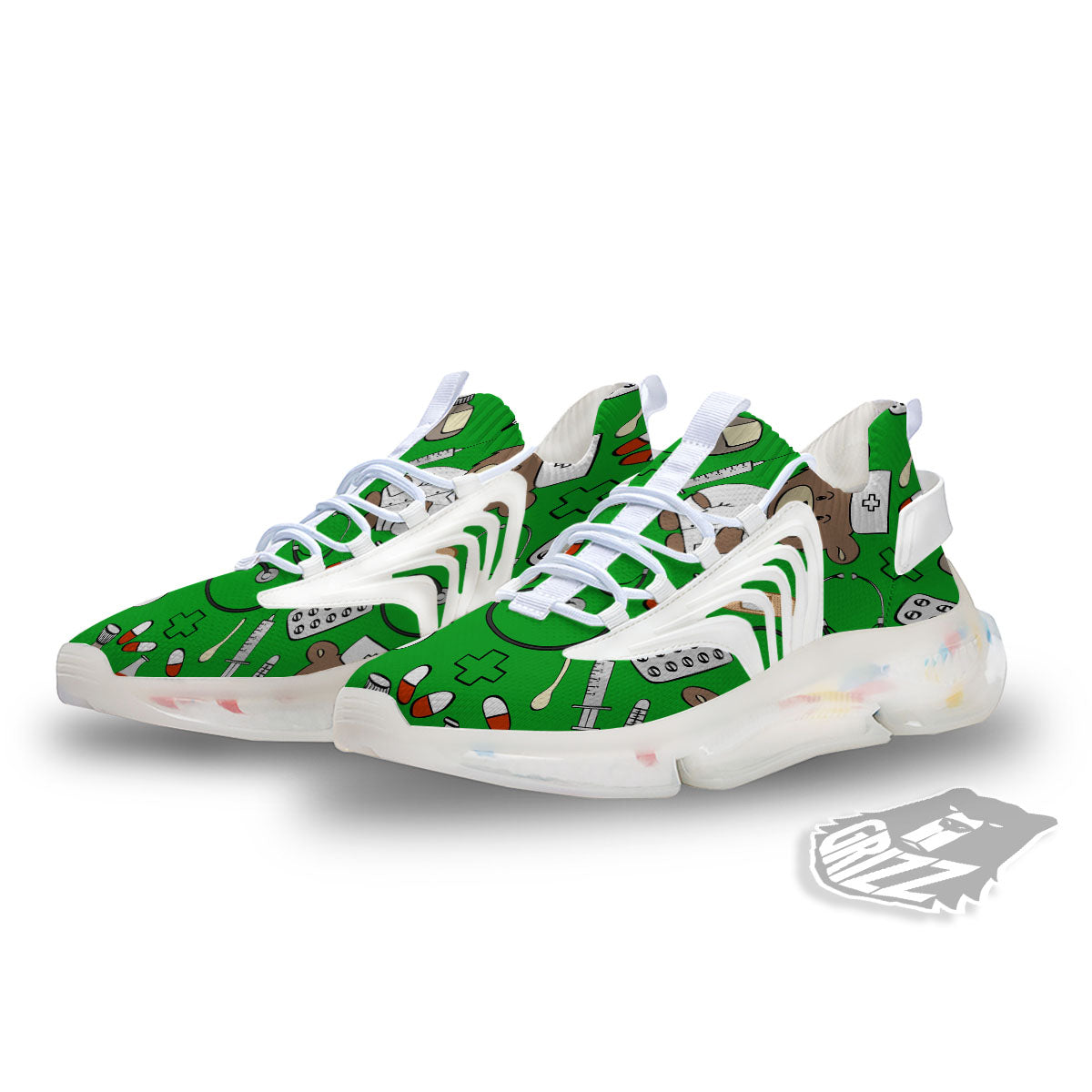 Green Teddy Bear Nurse White Gym Shoes-grizzshop