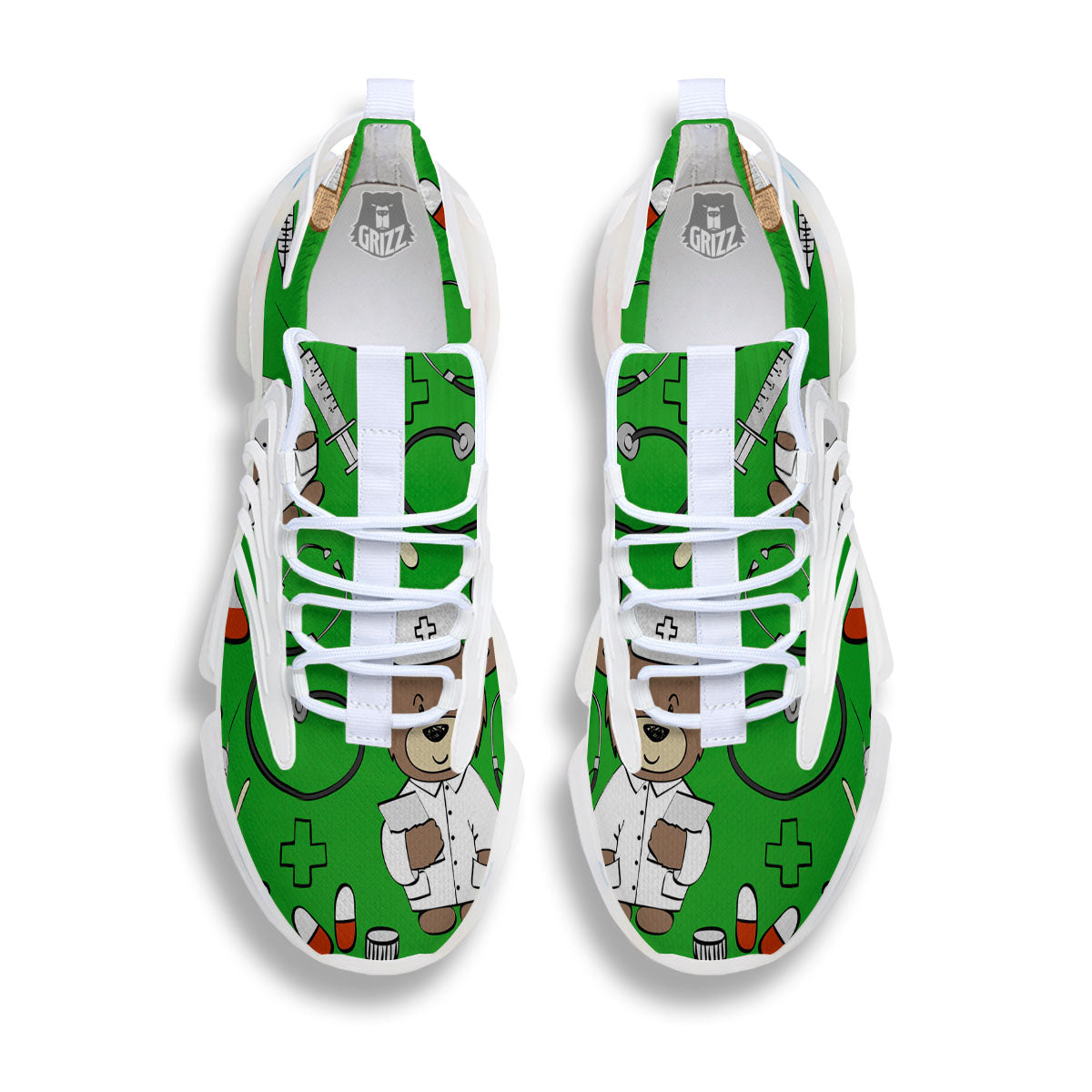 Green Teddy Bear Nurse White Gym Shoes-grizzshop