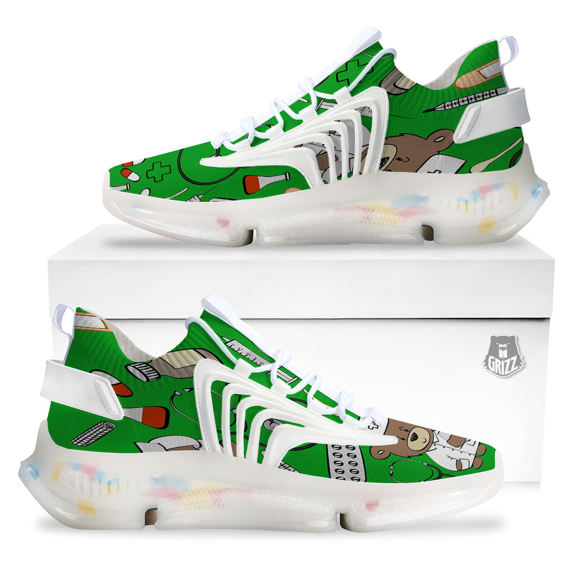 Green Teddy Bear Nurse White Gym Shoes-grizzshop