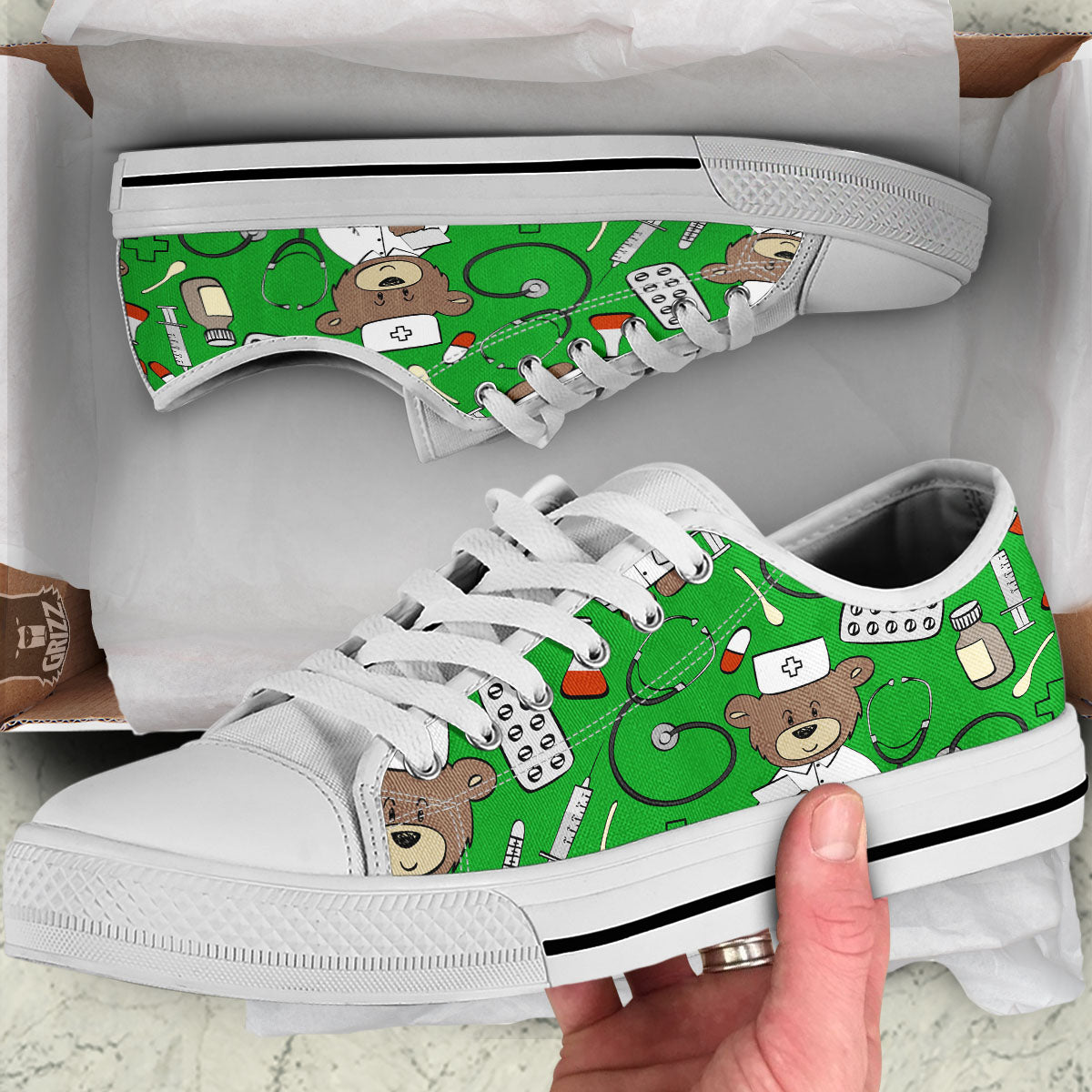 Green Teddy Bear Nurse White Low Top Shoes-grizzshop