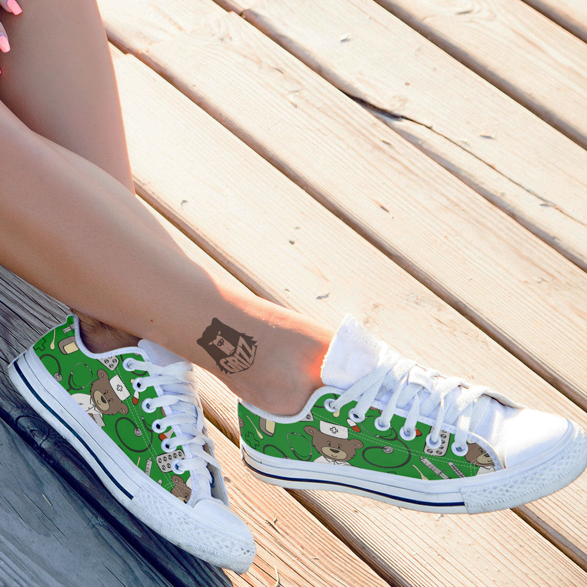 Green Teddy Bear Nurse White Low Top Shoes-grizzshop