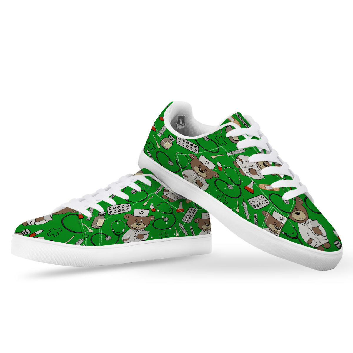 Green Teddy Bear Nurse White Low Top Sneakers-grizzshop