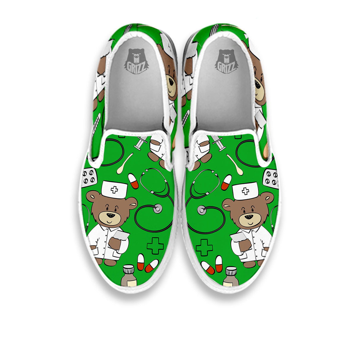 Green Teddy Bear Nurse White Slip On Shoes-grizzshop