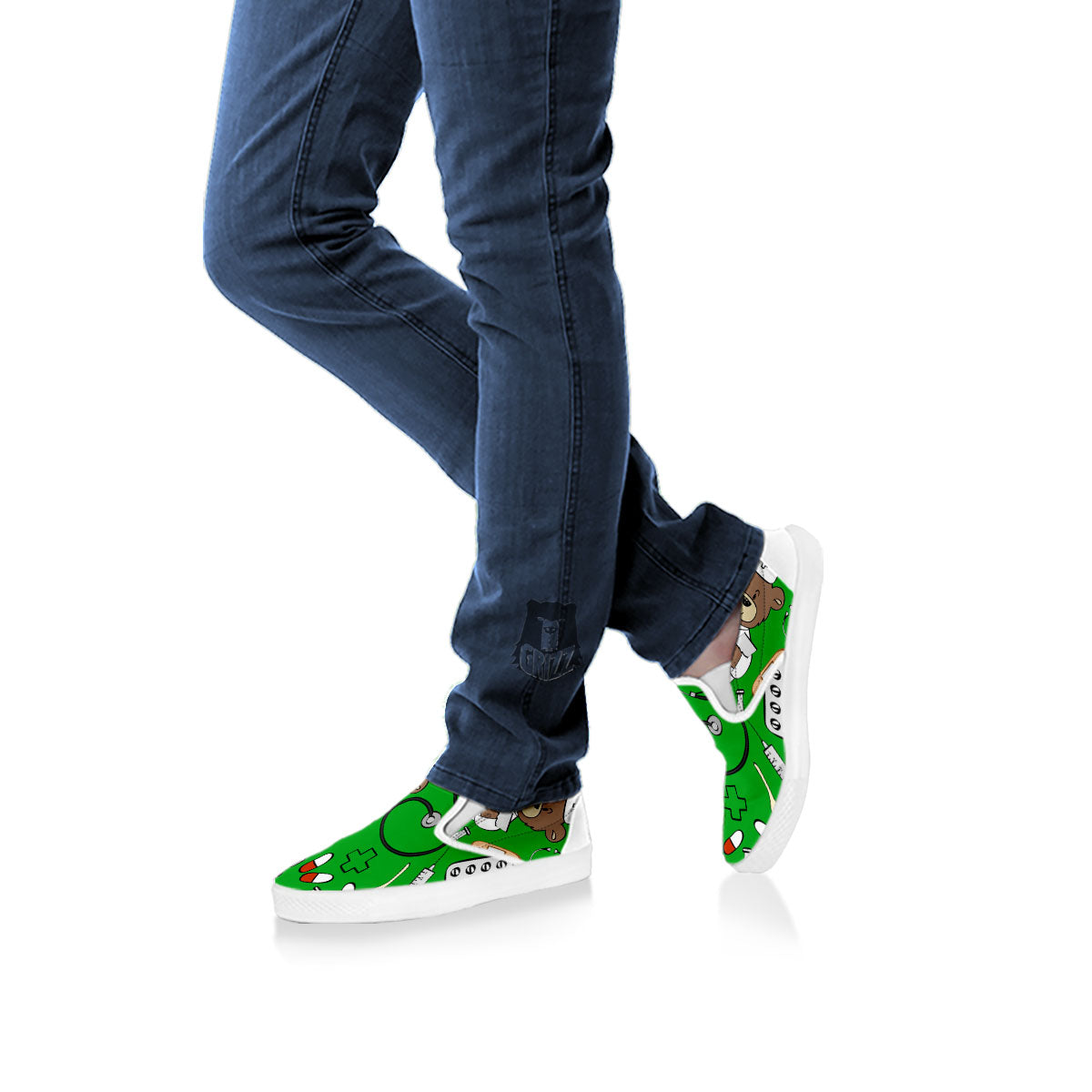 Green Teddy Bear Nurse White Slip On Shoes-grizzshop