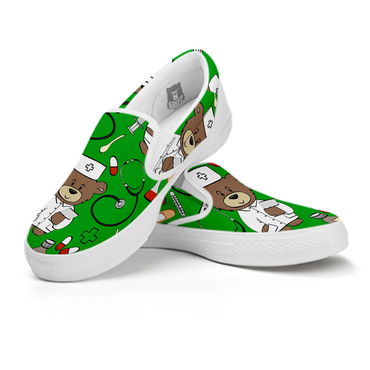 Green Teddy Bear Nurse White Slip On Shoes-grizzshop