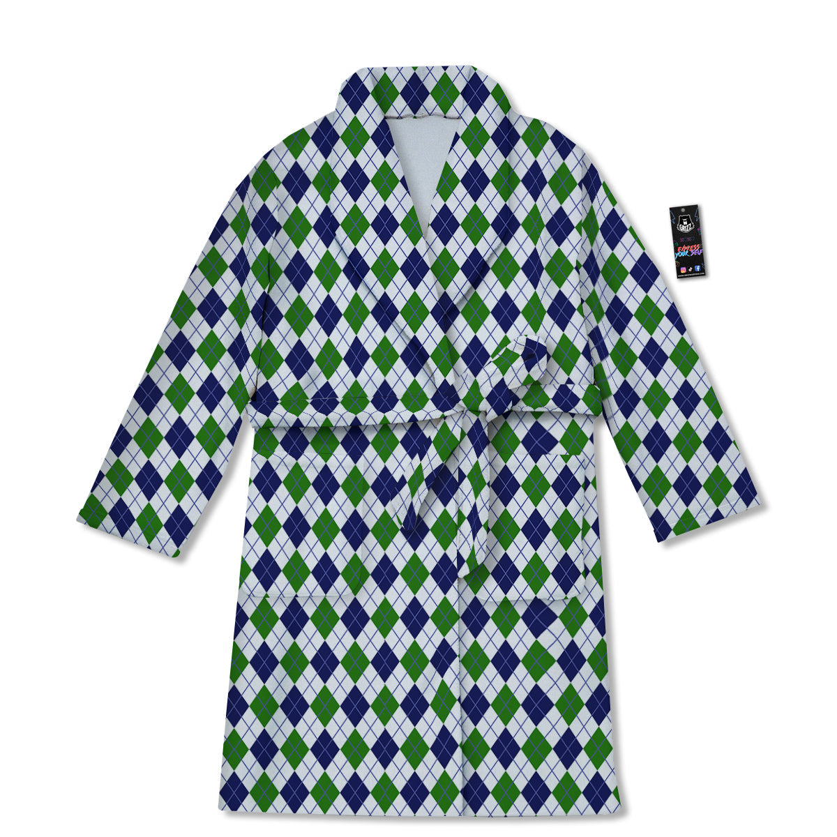 Green White And Navy Argyle Print Pattern Bathrobe-grizzshop