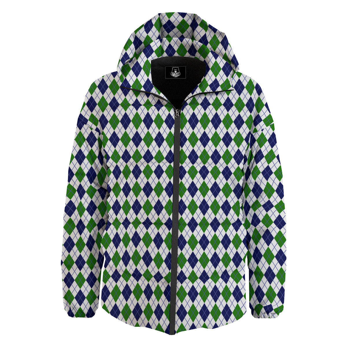 Green White And Navy Argyle Print Pattern Down Jacket-grizzshop