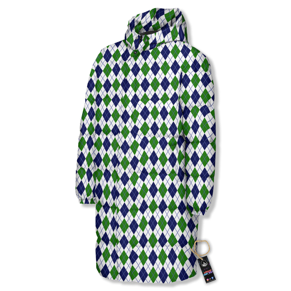 Green White And Navy Argyle Print Pattern Long Down Jacket-grizzshop