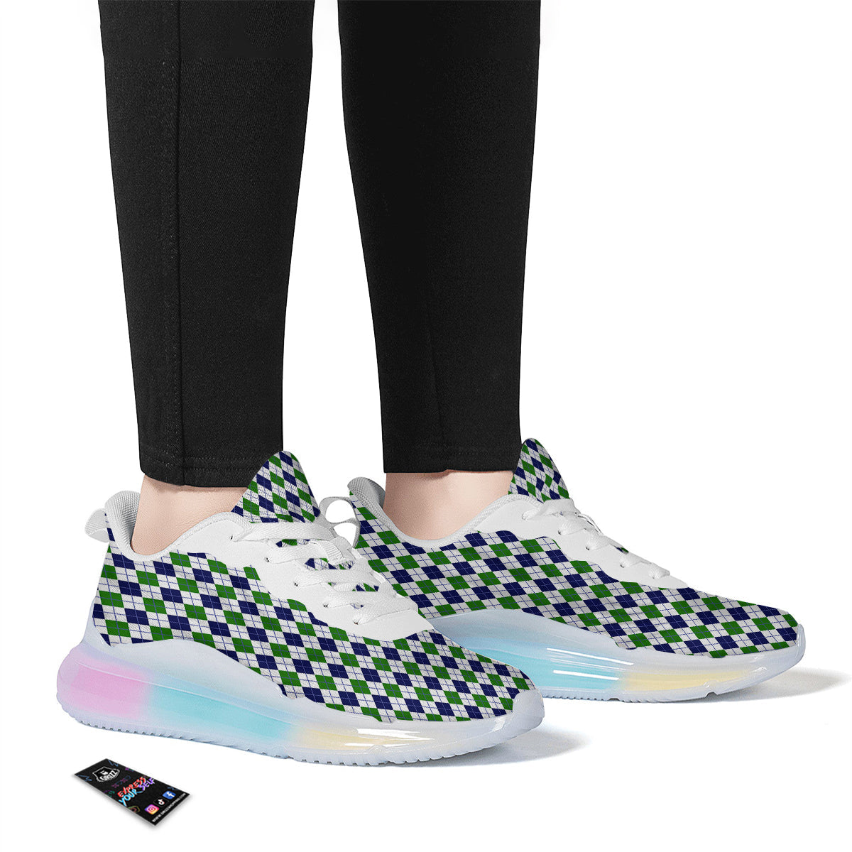 Green White And Navy Argyle Print Pattern Running Sneakers-grizzshop