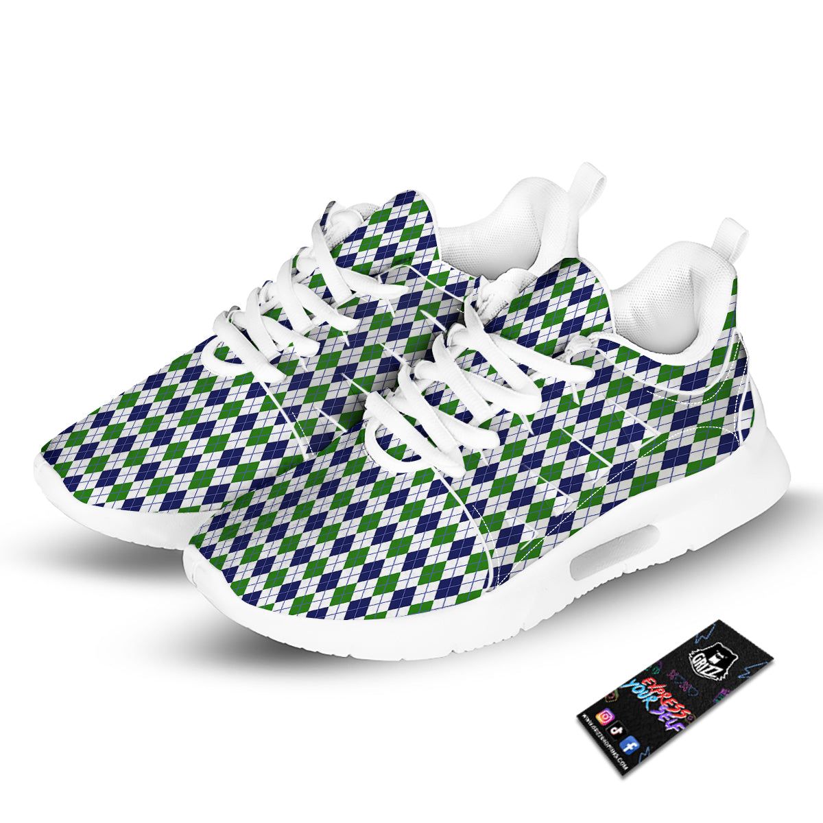 Green White And Navy Argyle Print Pattern Tennis Shoes-grizzshop