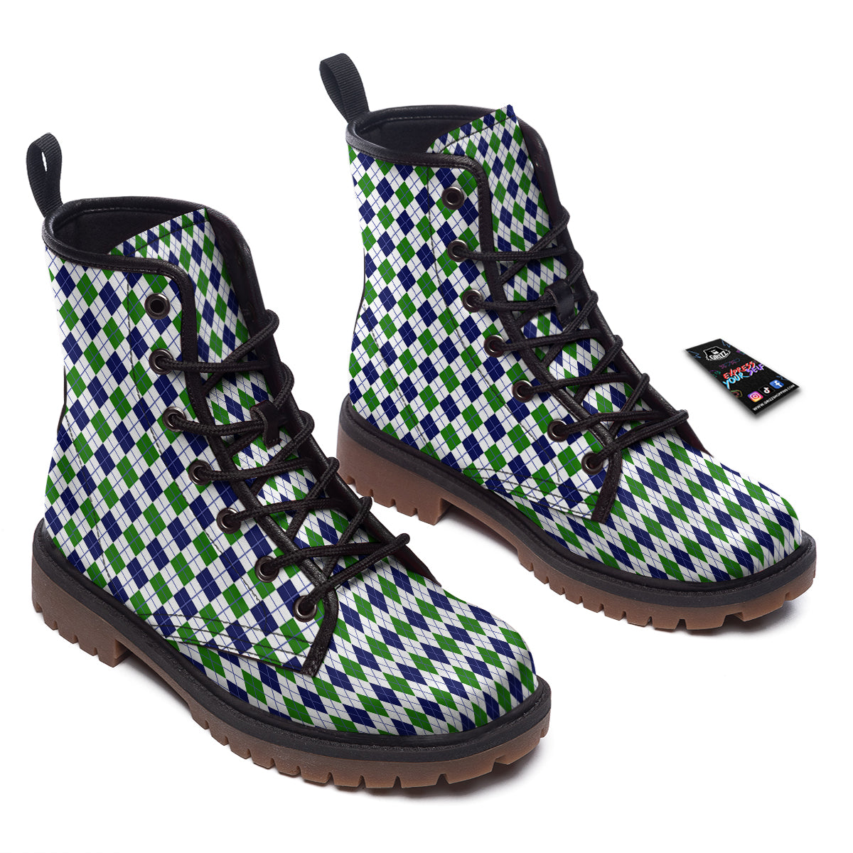 Green White And Navy Argyle Print Pattern Work Boots-grizzshop