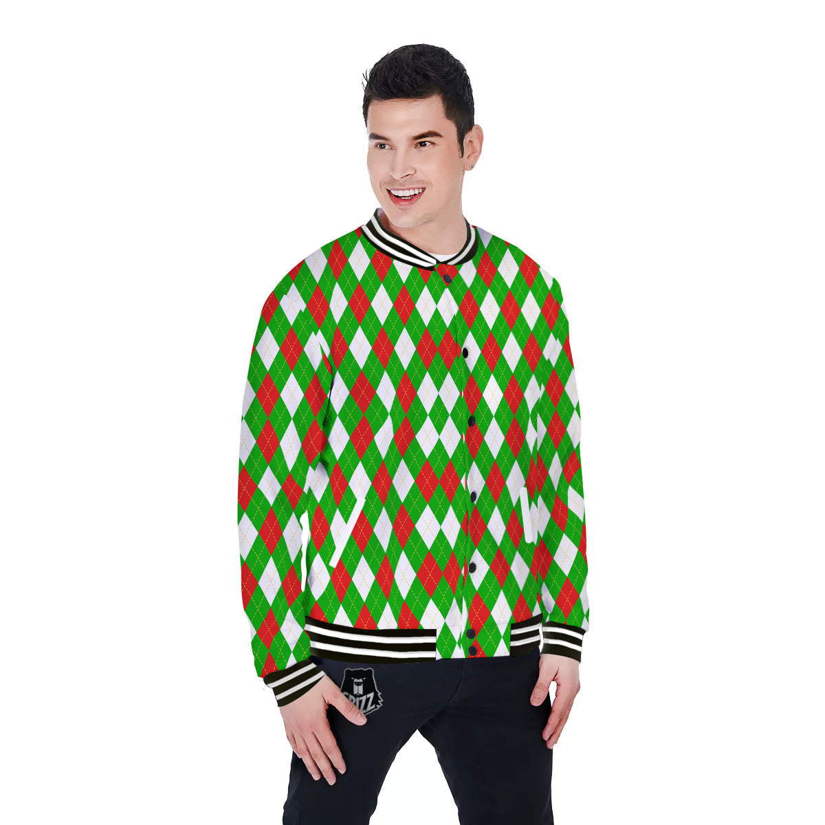 Green White And Red Argyle Print Pattern Baseball Jacket-grizzshop