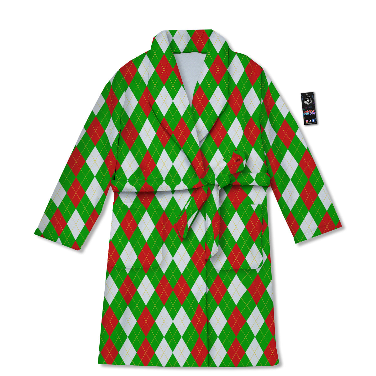 Green White And Red Argyle Print Pattern Bathrobe-grizzshop
