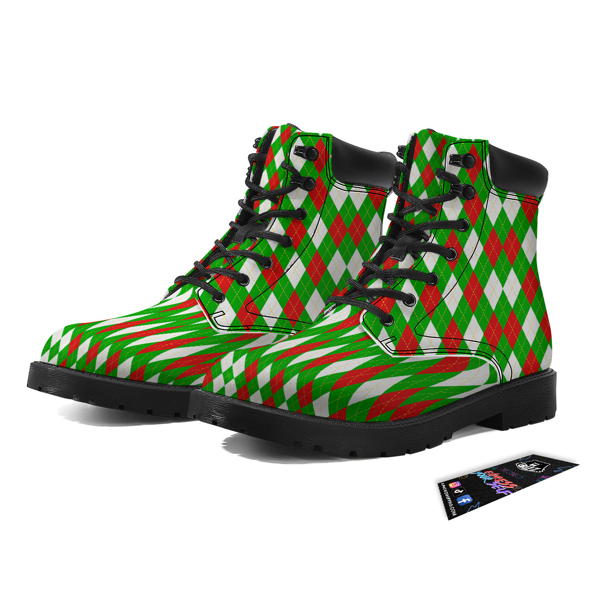 Green White And Red Argyle Print Pattern Boots-grizzshop