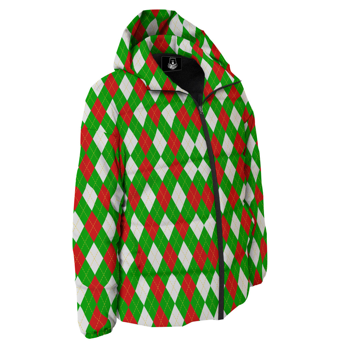Green White And Red Argyle Print Pattern Down Jacket-grizzshop