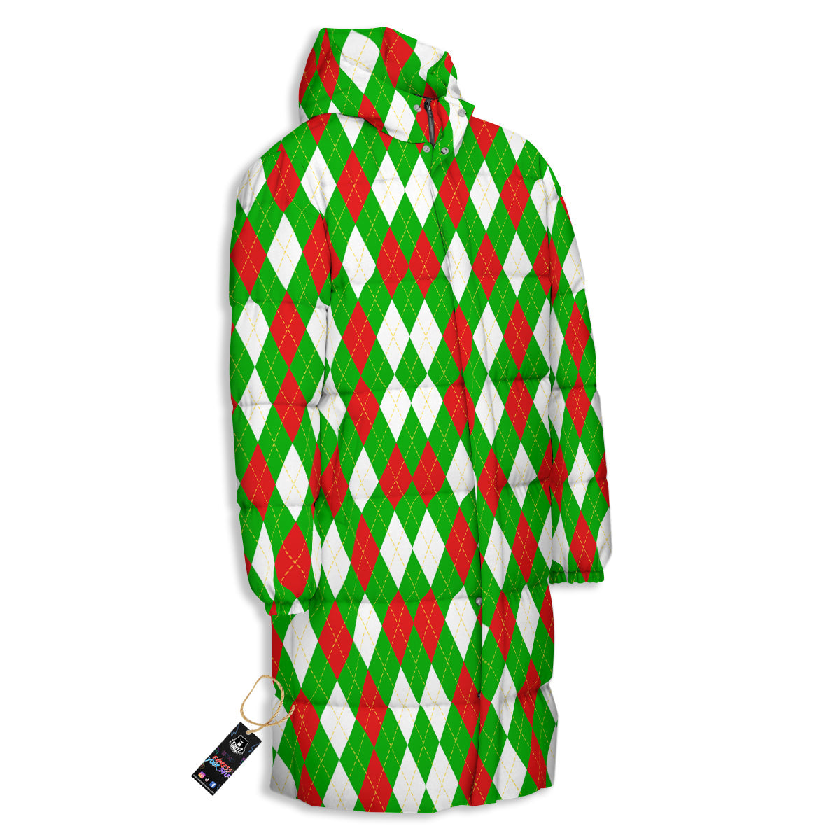 Green White And Red Argyle Print Pattern Long Down Jacket-grizzshop