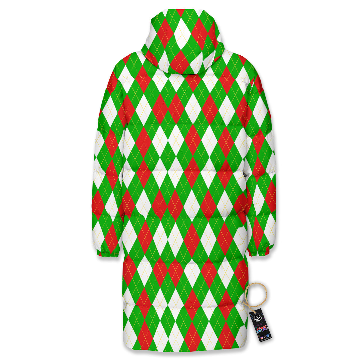 Green White And Red Argyle Print Pattern Long Down Jacket-grizzshop