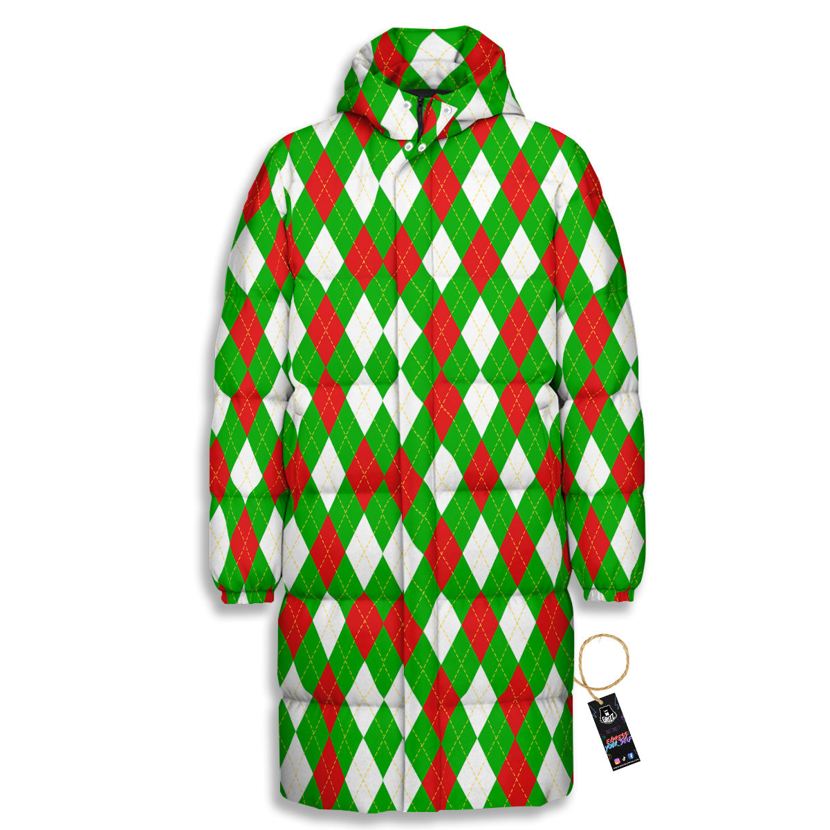 Green White And Red Argyle Print Pattern Long Down Jacket-grizzshop