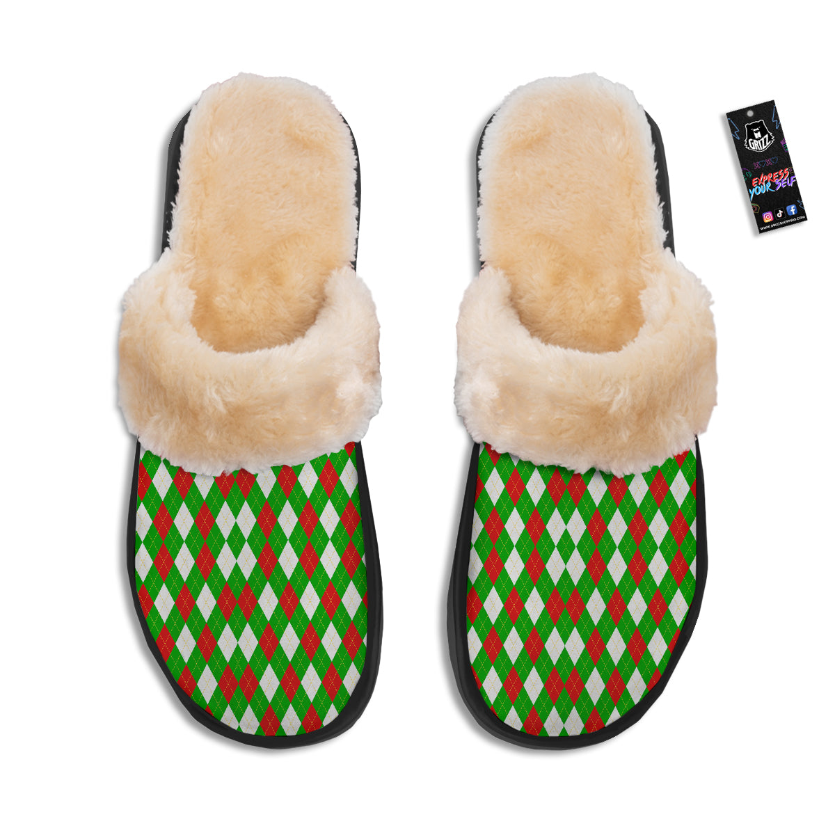 Green White And Red Argyle Print Pattern Slippers-grizzshop