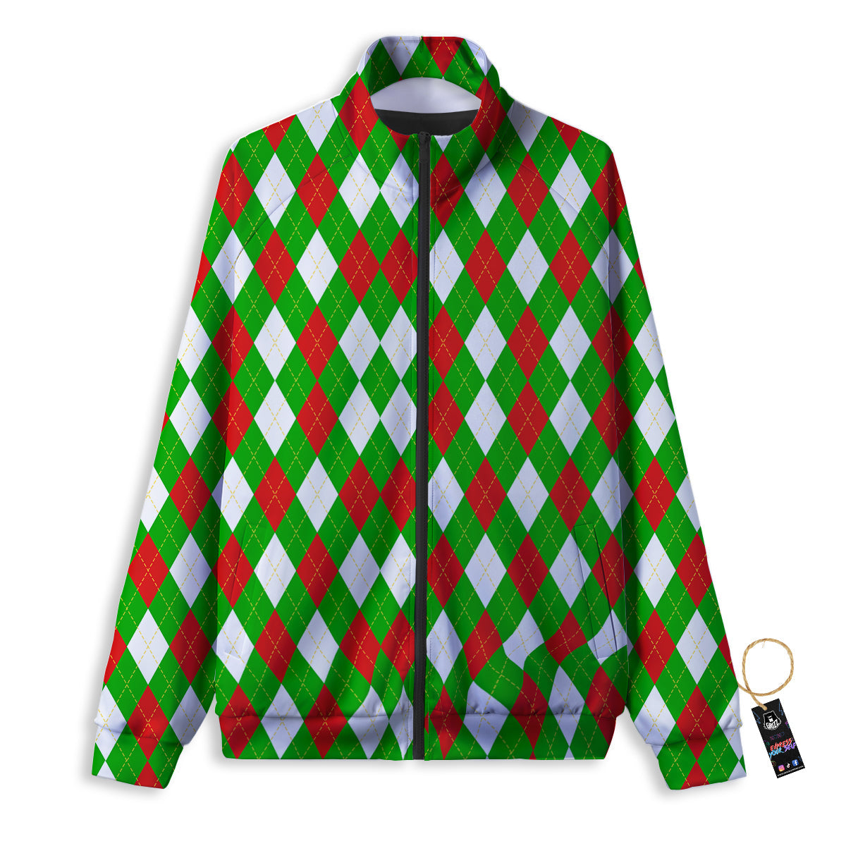 Green White And Red Argyle Print Pattern Track Jacket-grizzshop